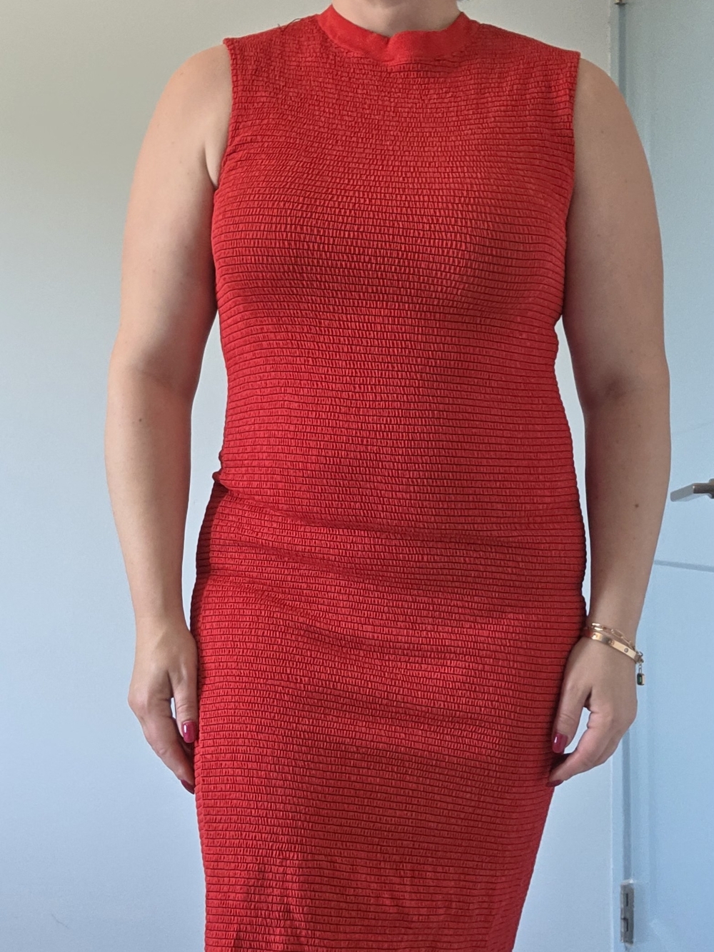 Sleeveless Red Textured Midi Dress